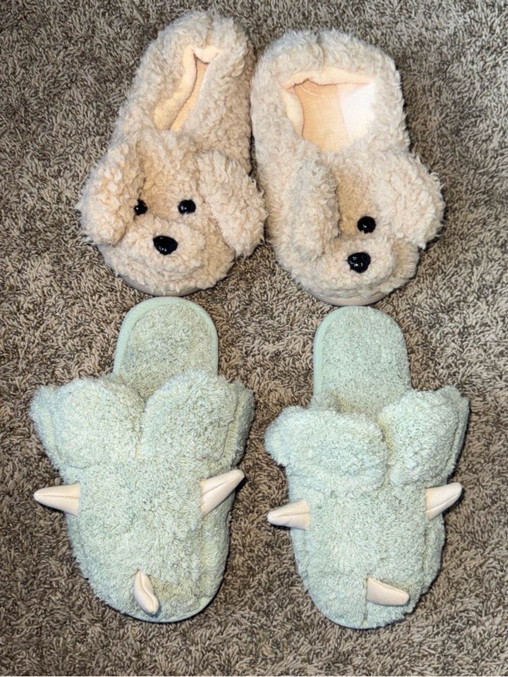 NWOT SZ 5-6 women’s 2 pairs of slippers  one pair of light mint dinosaur slipper